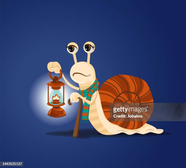 bildbanksillustrationer, clip art samt tecknat material och ikoner med inquiring snail carrying oil lamp at night - slow motion
