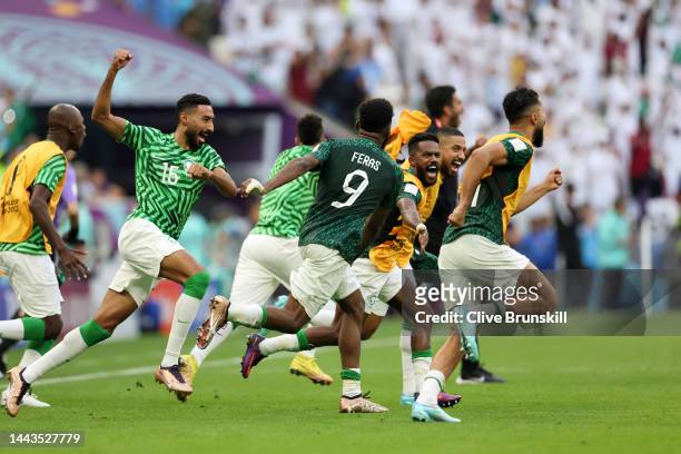 Saudi Arabia players celebrate the 2-1 win during the FIFA World Cup Qatar 2022 Group C match between Argentina and Saudi Arabia at Lusail Stadium on...