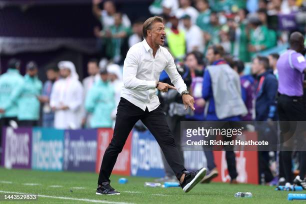 Herve Renard, Head Coach of Saudi Arabia, reacts during the FIFA World Cup Qatar 2022 Group C match between Argentina and Saudi Arabia at Lusail...