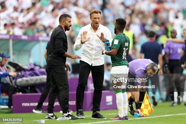 Herve Renard, Head Coach of Saudi Arabia, gives their team instructions during the FIFA World Cup Qatar 2022 Group C match between Argentina and...