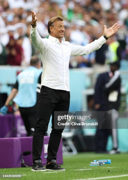 Herve Renard, Head Coach of Saudi Arabia, reacts during the FIFA World Cup Qatar 2022 Group C match between Argentina and Saudi Arabia at Lusail...