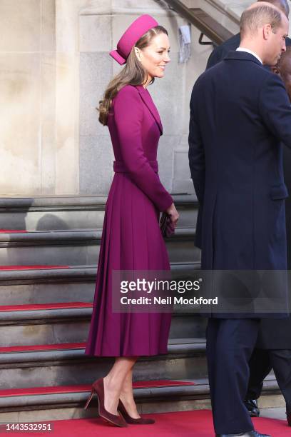 Prince William, The Prince of Wales and Catherine, Princess of Wales depart The Corinthia Hotel with Cyril Ramaphosa, President of South Africa on...