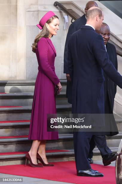 Prince William, The Prince of Wales and Catherine, Princess of Wales depart The Corinthia Hotel with Cyril Ramaphosa, President of South Africa on...