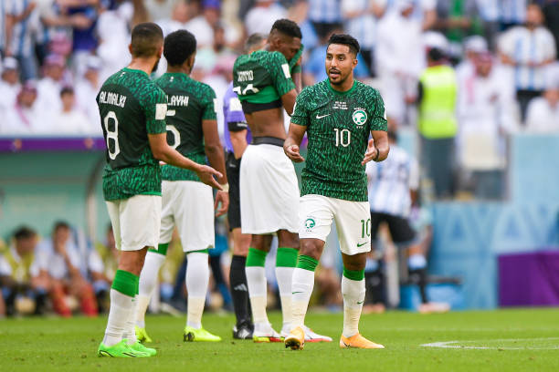 Abdulelah Almalki of Saudi Arabia and Salem Aldawsari of Saudi Arabia looks dejected after conceding their sides second goal during the Group C -...