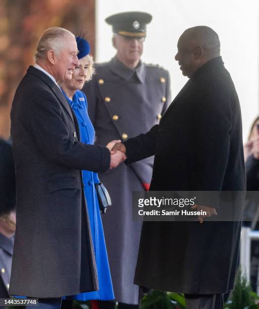 President Cyril Ramaphosa of South Africa is greeted by King Charles III and Camilla, Queen Consort at the Ceremonial Welcome by The King and The...
