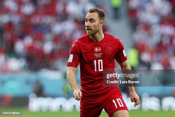 Christian Eriksen of Denmark looks on during the FIFA World Cup Qatar 2022 Group D match between Denmark and Tunisia at Education City Stadium on...