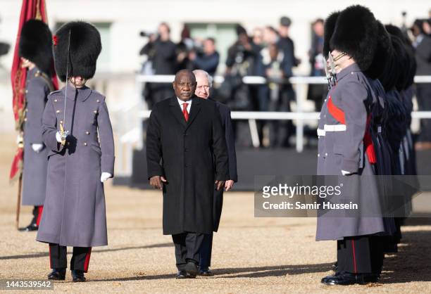 President Cyril Ramaphosa of South Africa and King Charles III inspect a Guard of Honour at the Ceremonial Welcome by The King and The Queen Consort...
