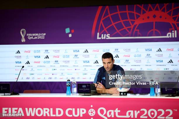 Lionel Scaloni, Head Coach of Argentina, speaks to the media in the post match press conference after the 2-1 loss during the FIFA World Cup Qatar...