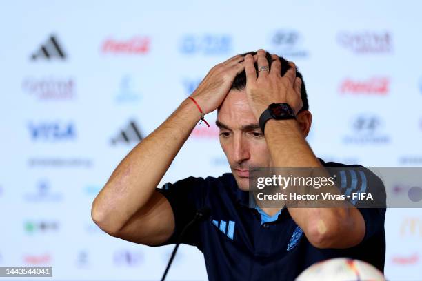 Lionel Scaloni, Head Coach of Argentina, speaks to the media in the post match press conference after the 2-1 loss during the FIFA World Cup Qatar...