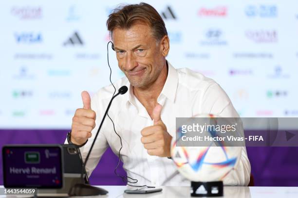 Herve Renard, Head Coach of Saudi Arabia, speaks during the post match press conference after the 2-1 win during the FIFA World Cup Qatar 2022 Group...