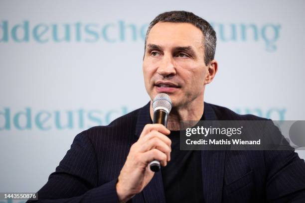 Wladimir Klitschko talks during the Sueddeutsche Zeitung Wirtschaftsgipfel on November 22, 2022 in Berlin, Germany.