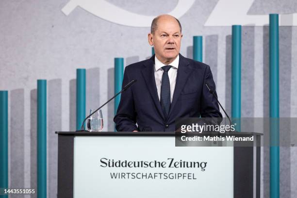 Olaf Scholz, Chancellor of the Federal Republic talks during the Sueddeutsche Zeitung Wirtschaftsgipfel of Germany on November 22, 2022 in Berlin,...