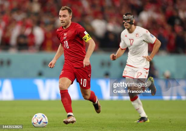 Christian Eriksen of Denmark controls the ball during the FIFA World Cup Qatar 2022 Group D match between Denmark and Tunisia at Education City...