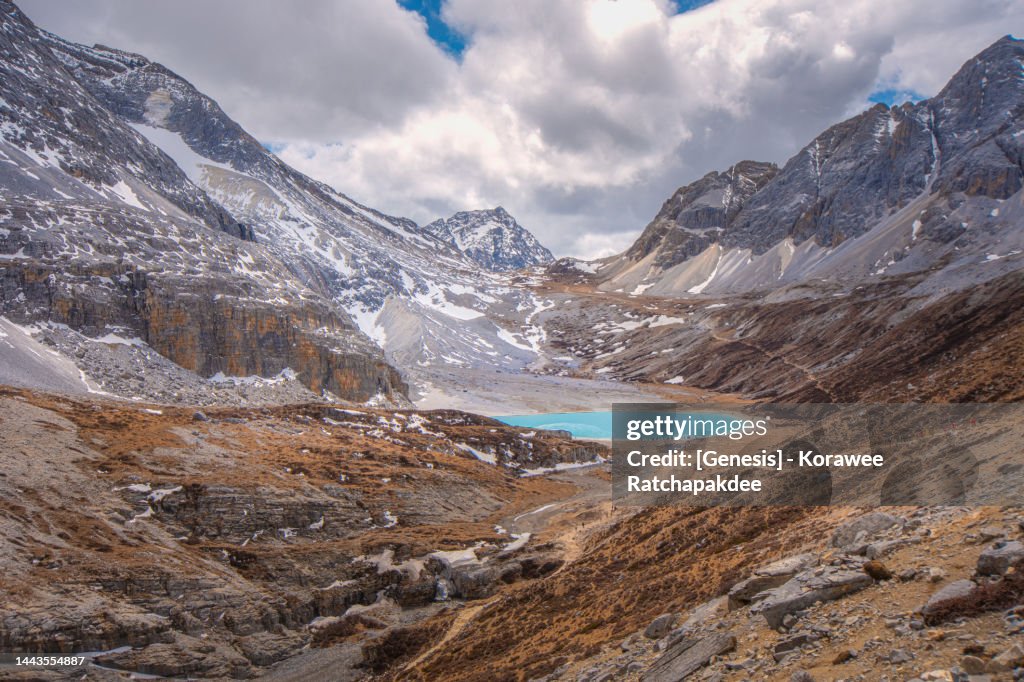 Milk lake in the cloudy day, the beautiful and destination of trekking route of Yading