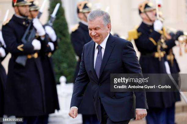 Uzbek President Shavkat Mirziyoyev arrives at the Elysee Palace on November 22, 2022 in Paris, France. The trip will also include business events...