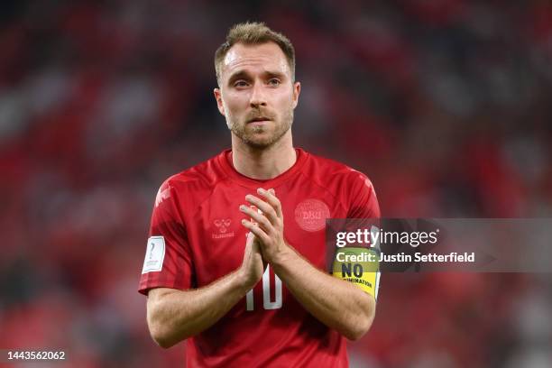 Christian Eriksen of Denmark reacts after the scoreless draw in the FIFA World Cup Qatar 2022 Group D match between Denmark and Tunisia at Education...