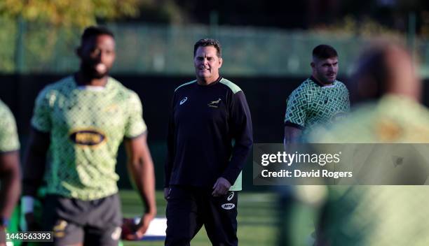 Rassie Erasmus, the South Africa director of rugby, looks on during the South Africa Springboks training session held at The Lensbury on November 22,...