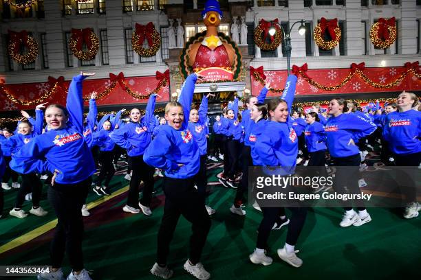 Tiptoe and Fusion Winter Guard Spirit of America Dance perform during 96th Macy's Thanksgiving Day Parade - Talent Rehearsals at Macy's Herald Square...