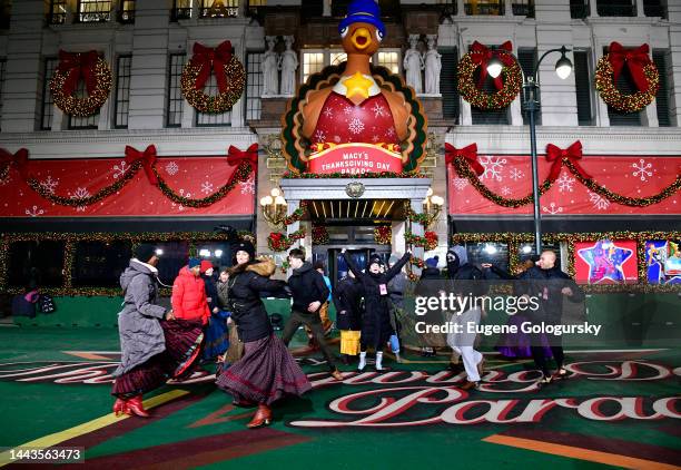 Lea Michele and the cast of Broadway’s Funny Girl perform during 96th Macy's Thanksgiving Day Parade - Talent Rehearsals at Macy's Herald Square on...