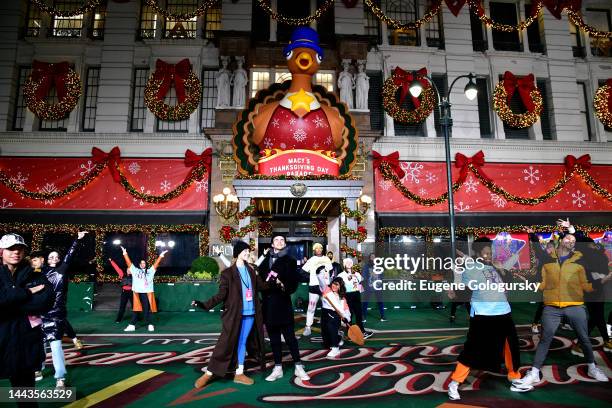 Lea Michele and the cast of Broadway’s Funny Girl perform during 96th Macy's Thanksgiving Day Parade - Talent Rehearsals at Macy's Herald Square on...