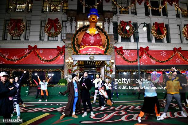 Lea Michele and the cast of Broadway’s Funny Girl perform during 96th Macy's Thanksgiving Day Parade - Talent Rehearsals at Macy's Herald Square on...