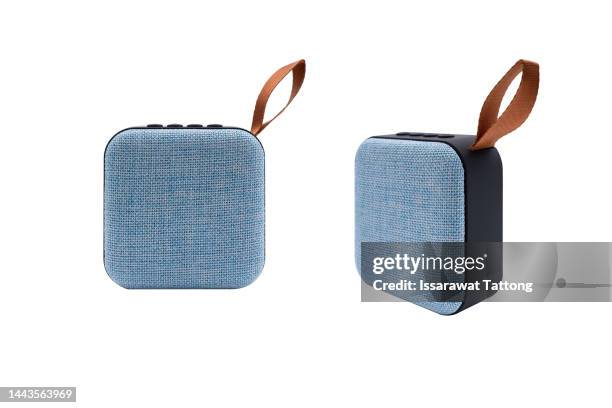 portable wireless speaker isolated on white background. concept listening to music on the street. - bluetooth speaker stock-fotos und bilder