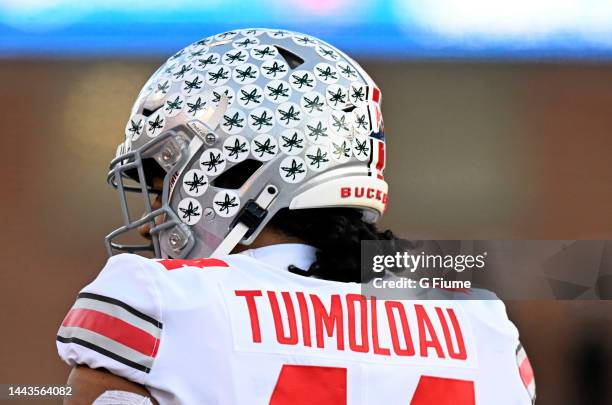 View of the achievement stickers on the helmets of Ohio State Buckeyes players during the game against the Maryland Terrapins at SECU Stadium on...