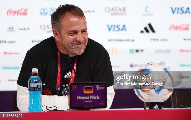 Hansi Flick, Head Coach of Germany, reacts during the Germany Press Conference at Main Media Center on November 22, 2022 in Doha, Qatar.