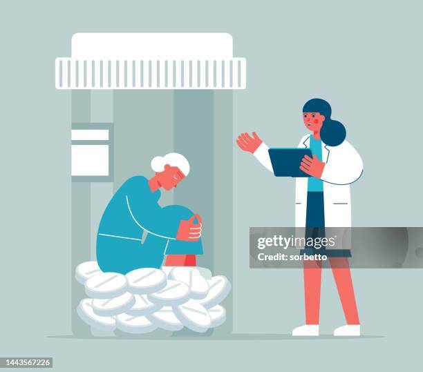 pill bottle - senior women - opioid epidemic stock illustrations