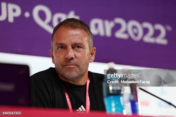 Hansi Flick, Head Coach of Germany, looks on during the Germany Press Conference at Main Media Center on November 22, 2022 in Doha, Qatar.