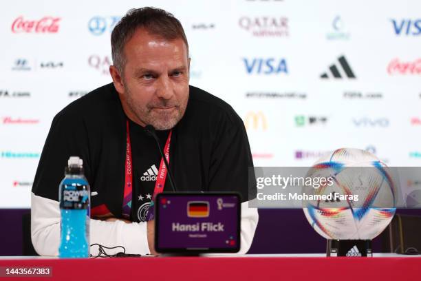 Hansi Flick, Head Coach of Germany, looks on during the Germany Press Conference at Main Media Center on November 22, 2022 in Doha, Qatar.