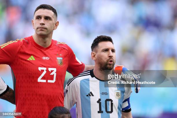 Lionel Messi of Argentina lines up before the national anthems during the FIFA World Cup Qatar 2022 Group C match between Argentina and Saudi Arabia...