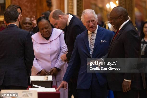 King Charles III, Camilla, Queen Consort and South African President Cyril Ramaphosa view items displayed as part of the Royal Collection at...