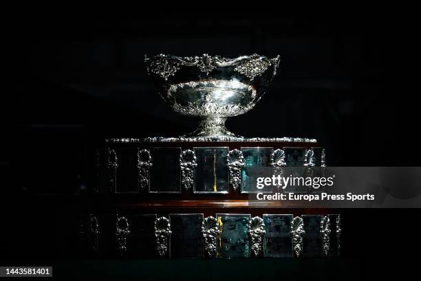 Trophy of the tournament is seen during the Davis Cup Finals 2022, the first tennis match of the Quarter-Finals round between Australia and The...