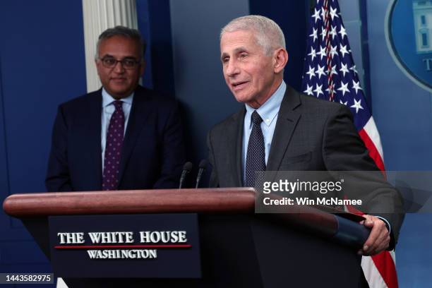 Dr. Anthony Fauci, White House chief medical advisor, speaks alongside COVID-19 Response Coordinator Dr. Ashish Jha during a briefing on COVID-19 at...