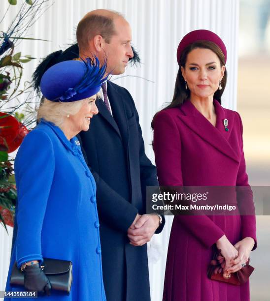 Camilla, Queen Consort, Prince William, Prince of Wales and Catherine, Princess of Wales attend the Ceremonial Welcome at Horse Guards Parade for...
