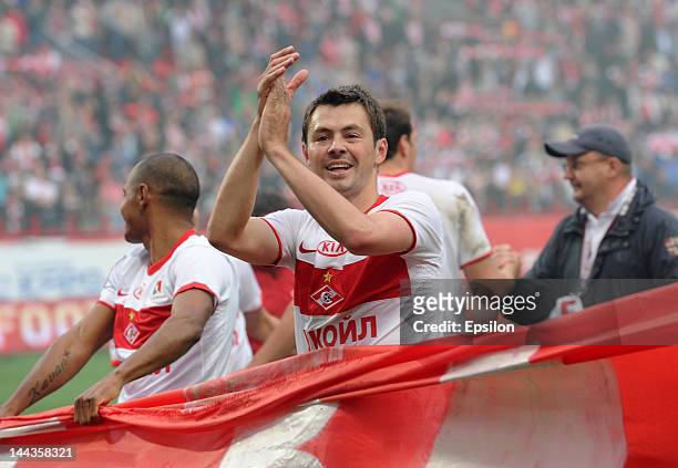 Diniyar Bilyaletdinov of FC Spartak Moscow celebrates after their victory over FC Lokomotiv Moscow in the Russian Football League Championship match...