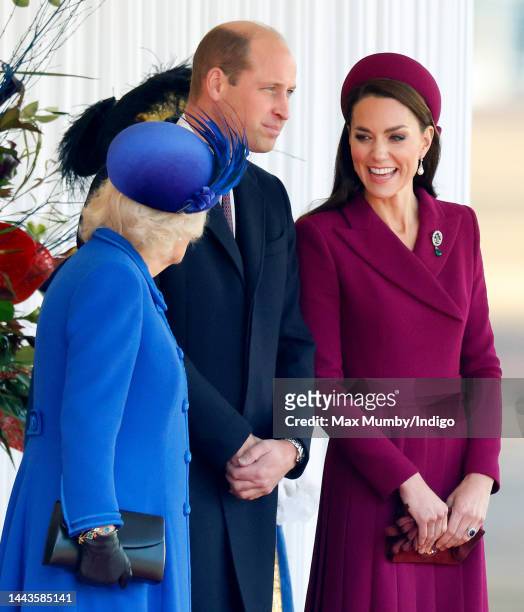 Camilla, Queen Consort, Prince William, Prince of Wales and Catherine, Princess of Wales attend the Ceremonial Welcome at Horse Guards Parade for...