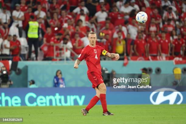 Simon Kjaer of Denmark during the FIFA World Cup Qatar 2022 Group D match between Denmark and Tunisia at Education City Stadium on November 22, 2022...