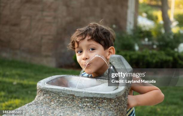 little boy at park drinking fountain - niño-tomando-agua fotografías e imágenes de stock
