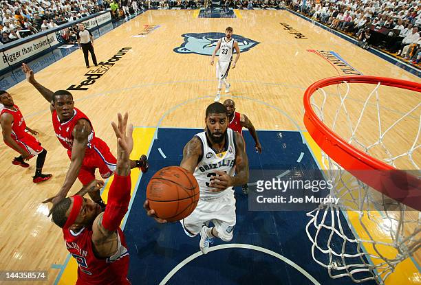 Mayo of the Memphis Grizzlies shoots against Kenyon Martin of the Los Angeles Clippers in Game Seven of the Western Conference Quarterfinals during...