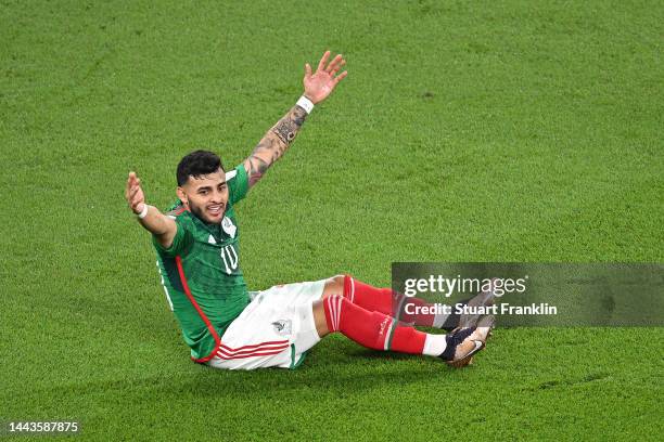 Alexis Vega of Mexico reacts during the FIFA World Cup Qatar 2022 Group C match between Mexico and Poland at Stadium 974 on November 22, 2022 in...