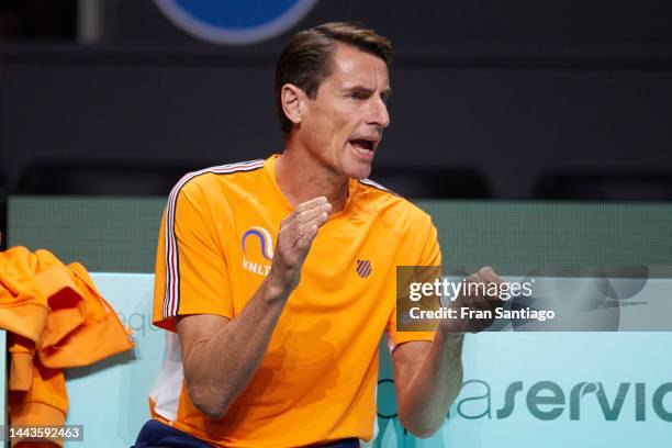 Paul Haarhuis, captain of Netherlands reactscts during the Davis Cup by Rakuten Finals 2022 match between Australia and Netherlands at Palacio de los...