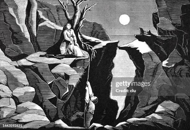 ilustraciones, imágenes clip art, dibujos animados e iconos de stock de mujer en las rocas, hombre subiendo a ella - moonlight lovers