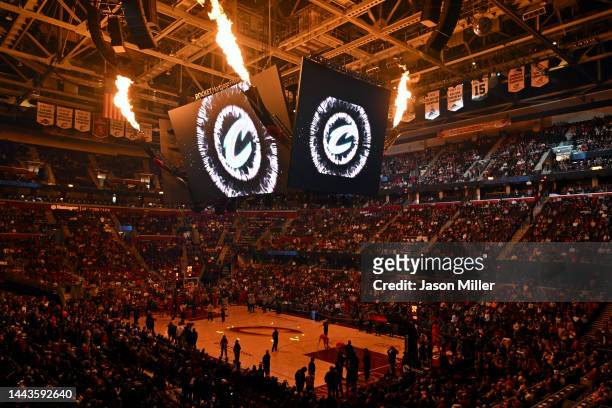 General stadium view of Rocket Mortgage Fieldhouse during player introductions prior to the game between the Cleveland Cavaliers and the Atlanta...