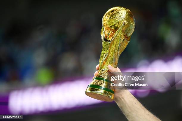 Detailed view of a replica World Cup trophy prior to the FIFA World Cup Qatar 2022 Group D match between France and Australia at Al Janoub Stadium on...