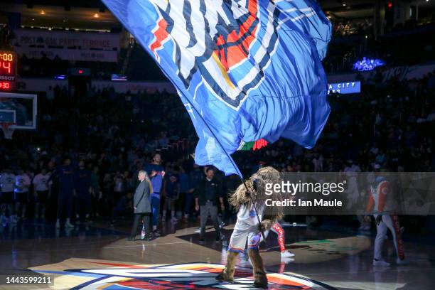 Rumble, the Oklahoma City Thunder mascot, during pregame against the New York Knicks at Paycom Center on November 21, 2022 in Oklahoma City,...