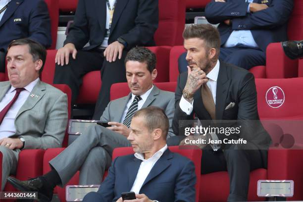 David Beckham with friend Dave Gardner during the FIFA World Cup Qatar 2022 Group B match between England and IR Iran at Khalifa International...