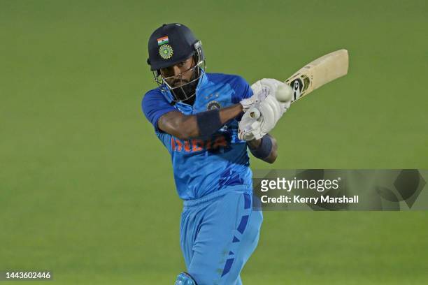Hardik Pandya of India plays a shot during game three of the T20 International series between New Zealand and India at McLean Park on November 22,...