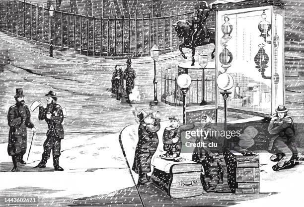 union square on a cold night, various characters vend chestnuts or opera librettos - union square stock illustrations